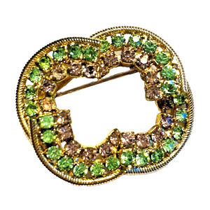 Vintage Rhinestones Brooch Goldtone & Colorful Rhinestones Unique Green Lavender